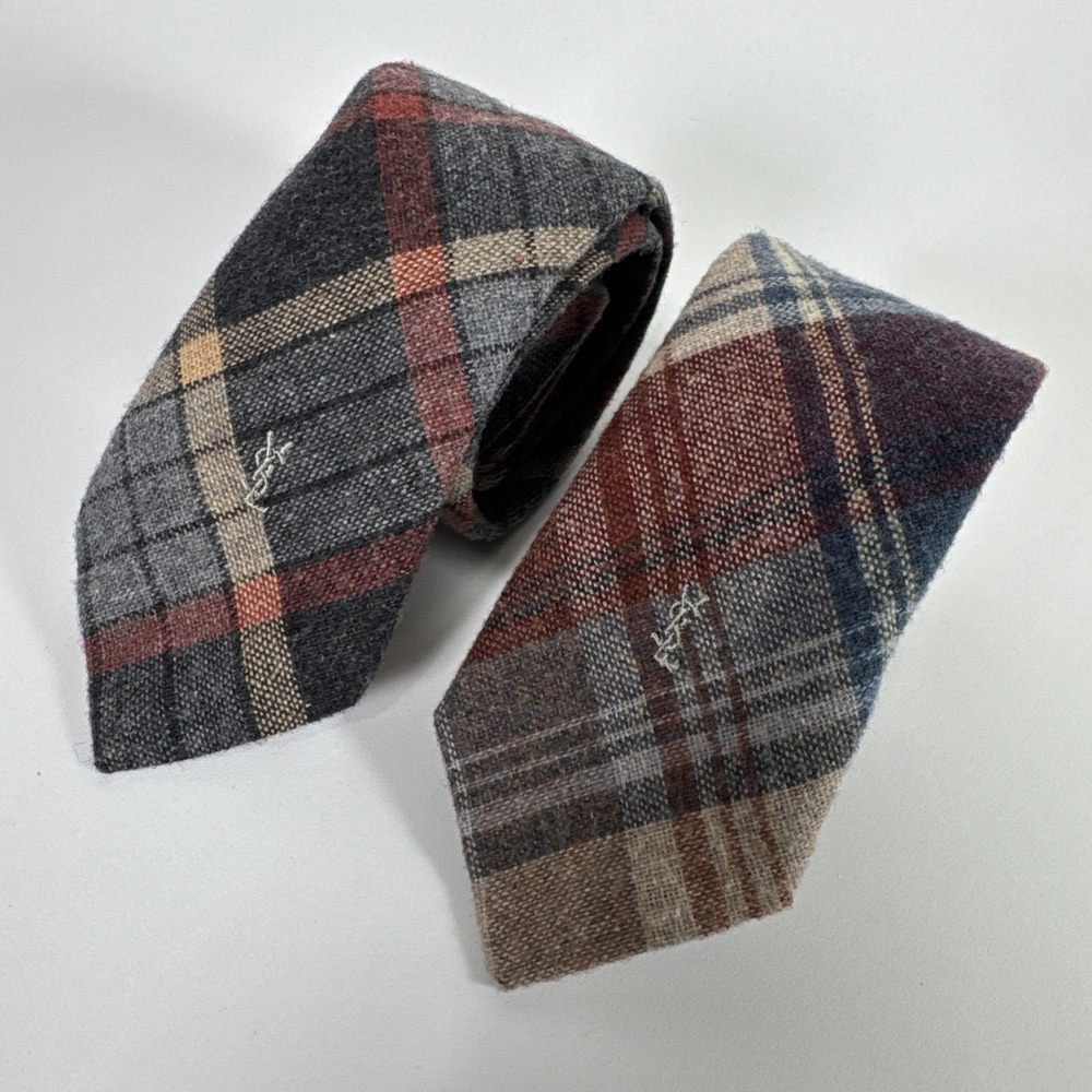 Lot of 2 Vtg Yves‎ Saint Laurent Heather Mist Plaid Wool Blend Ties Men 56" L 3"